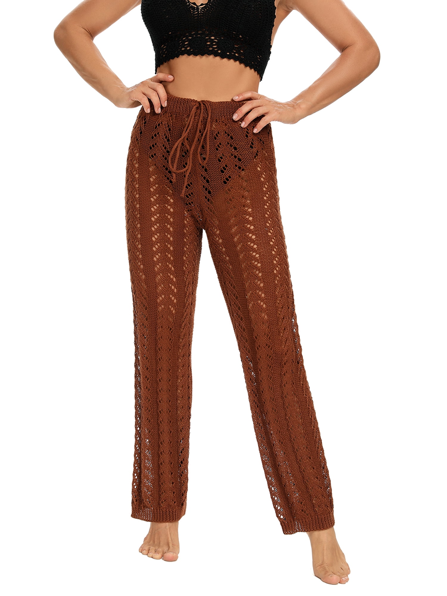 Womens Beach Cover Up Pants Drawstring Crochet Fishnet Hollow Out