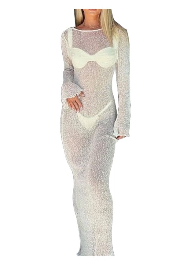 Womens Beach Cover Ups Long Sleeve Backless Knit Swimsuit Coverup Beach Maxi Dress
