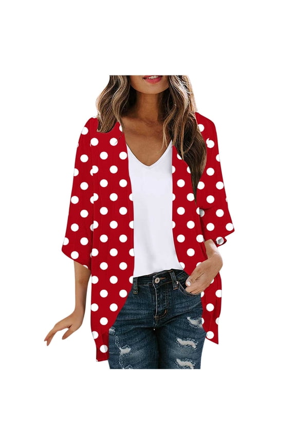 Womens Beach Coverups, Cardigan for Women Open Front Casual Dots Printed 3/4 Sleeve Shirts