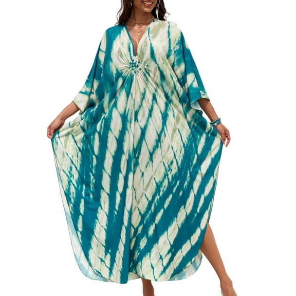 Womens Beach Dress,Print For Women Kaftan Cover-Up Dresses,Trend-Forward And Durable Beach Pool-Party Coverups Exquisitely Made V-Neck High-Slit Dress One Size
