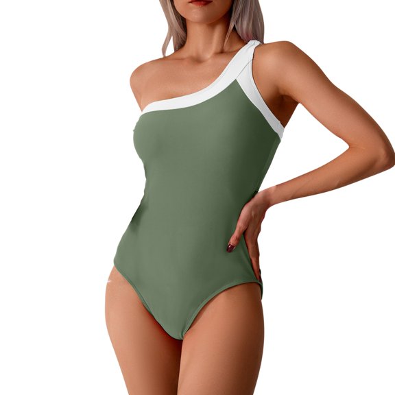 Womens Beach One Shoulder Swimsuits Color Block One-Piece Swiming Suits Padded Tummy-Control Swimwear Army Green, XL