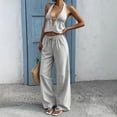 thumbnail image 1 of Womens Beach Outfits Womens Summer Travel Set Striped Backless Top Wide Leg Pants Set Elastic Waist V-Neck Cropped Tops, Lightweight Vacation Outfits Gray XL, 1 of 6