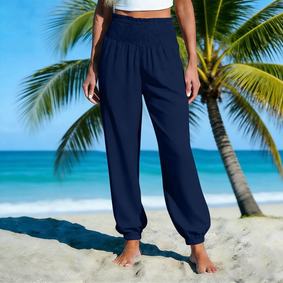 Womens Beach Pants Lightweight New Women's Summer Linen Solid Color Drawstring Elastic Waist Loose Straight Leg Pants with Side Pockets Style B-23 Navy L