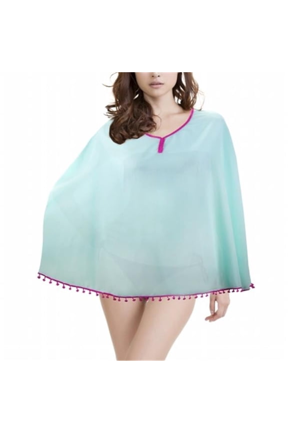 Womens Beach Poncho with Pom-Pom Trim - Mint Raspberry