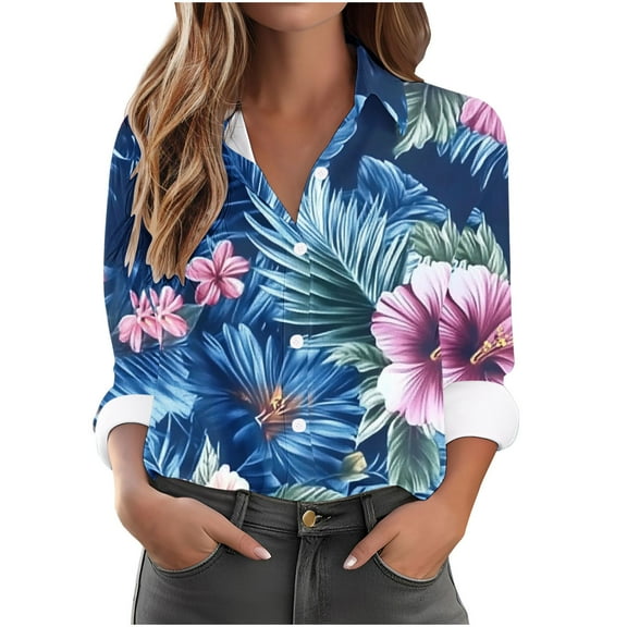Womens Beach Shirt Summer Button Down Shirts for Women Long Sleeve Tropical Holiday Vacation Tops Collared Blouses, Black, XXL