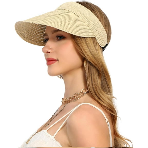 Womens Beach Straw Sun Visor Hat Ponytail Hole UV Protection Wide Brim Summer Cap Packable for Travel UPF 50 