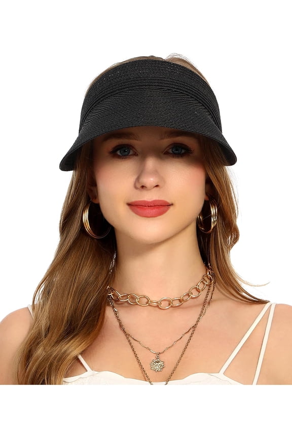 Womens Beach Straw Sun Visor Hat Ponytail Hole UV Protection Wide Brim Summer Cap Packable for Travel UPF 50+