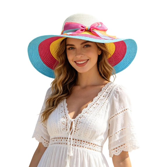 Womens Beach Sun Straw Hat UV Protection Travel Packable Foldable Brim Summer UV Hat