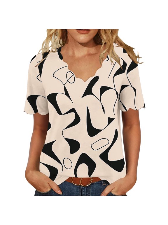 Womens Beach Tops Plus Size Scalloped Summer Graphic Tees Shirts Trendy Casual Short Sleeve Tshirts (Beige 3XL)