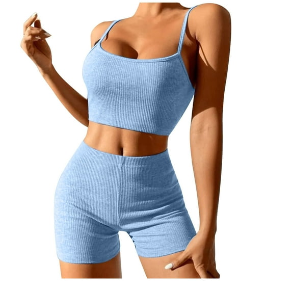 Womens Beach Vacation Outfits Outfit Sets for Women Clothing Set Female Round Neck Sleeveless Tops Pants Sets Casual Pant Style S_319 Women's Tracksuits Blue L