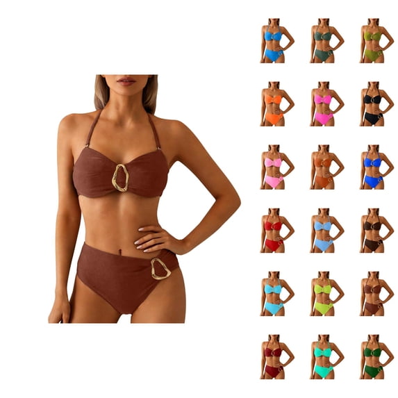Womens Beach Vacation Two Piece Swimsuit Cover Up Ruffle Outfit High Waist Bottom Tummy Control Swimwear