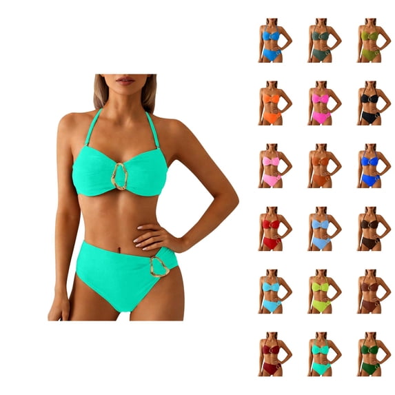 Womens Beach Vacation Two Piece Swimsuit Cover Up Ruffle Outfit High Waist Bottom Tummy Control Swimwear