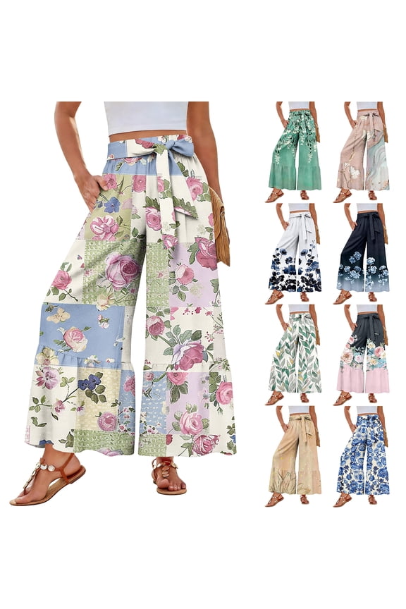 Womens Beach Wide Leg Pants Elastic High Waist Ties Ruffle Hem Flowy Palazzo Pants with Pockets Light pink M