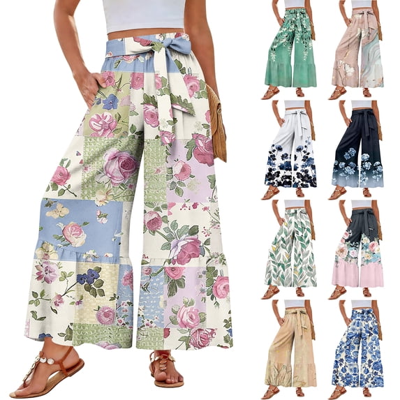 Womens Beach Wide Leg Pants Elastic High Waist Ties Ruffle Hem Flowy Palazzo Pants with Pockets Light pink S