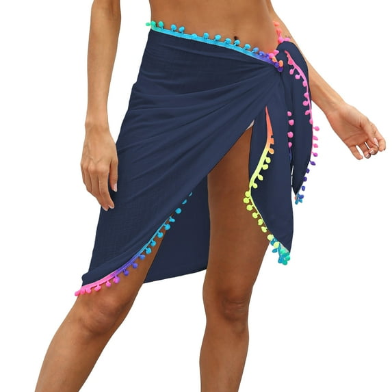 Womens Beach Wrap Swimsuit Coverup Sheer Mesh Short Sarong Bikini Scarf Beach Skirt Summer Swimwear with Colorful Pompom