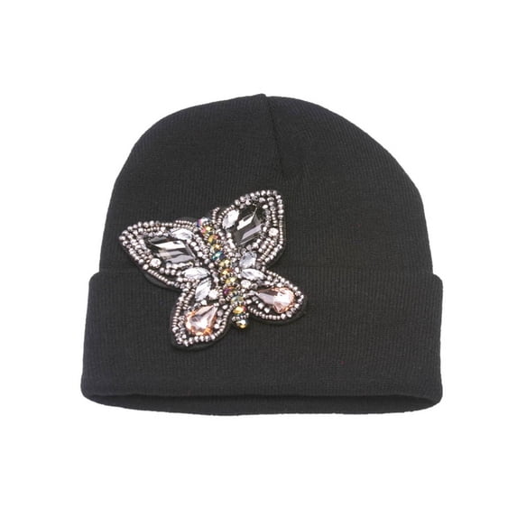 Womens Beaded Butterfly Cuffed Beanie - Black