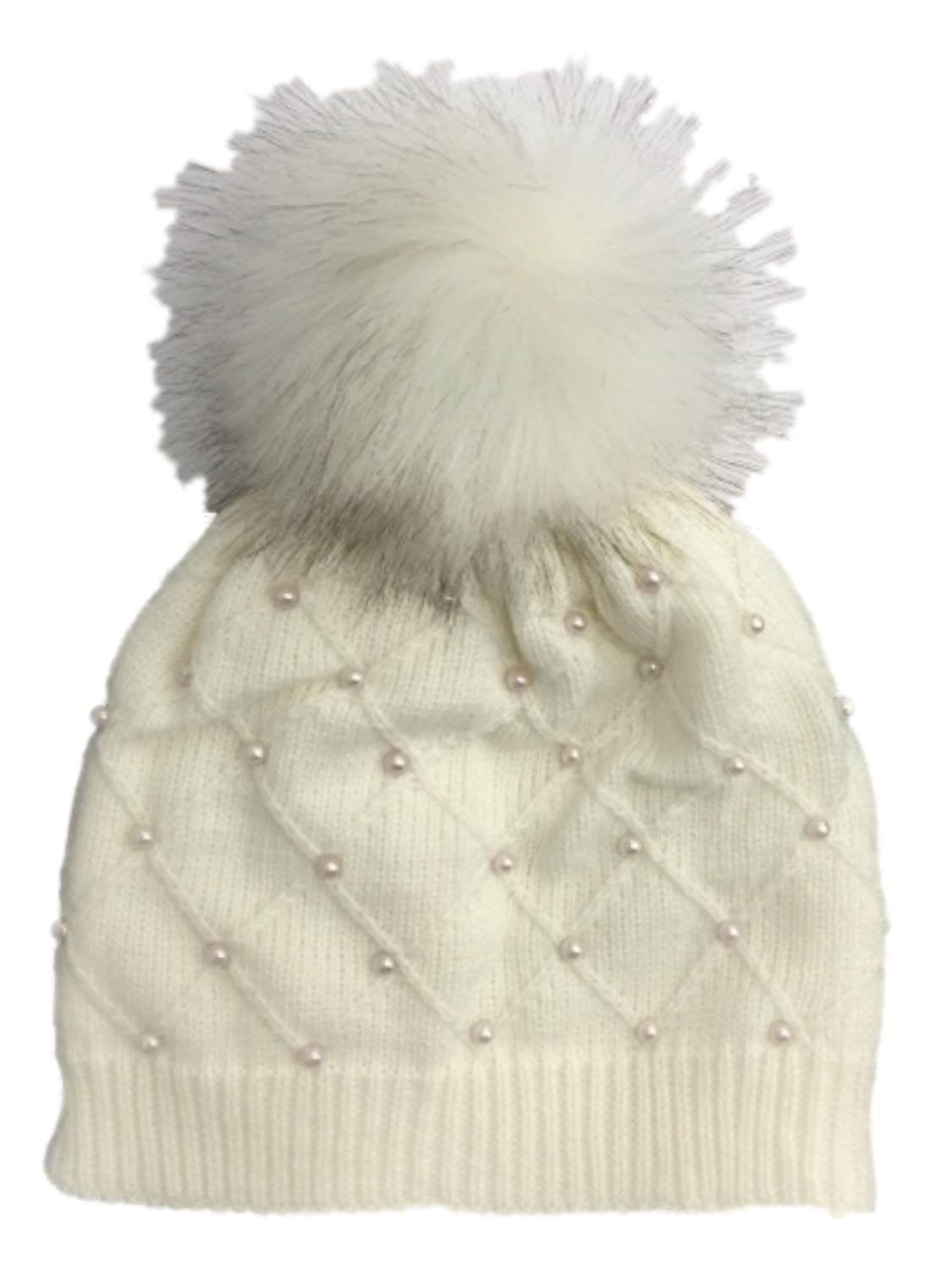 Pearl Metallic Hat with Fur Pom, Cream and Gold