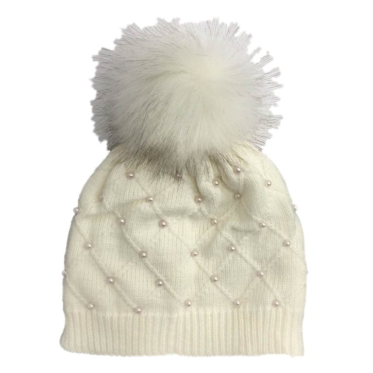 1pc Knitted Hat For Women With Pom Pom Ball & Pearl Decoration