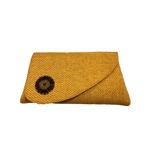 Womens Beaded Maasai Fabric and Jute Clutch Purse Gold Large