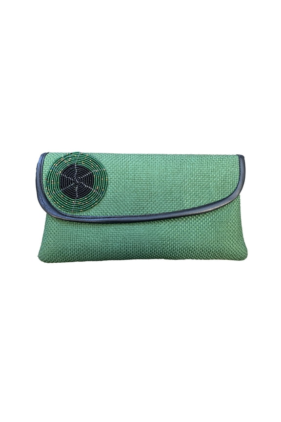 Womens Beaded Maasai Fabric and Jute Clutch Purse Green Large