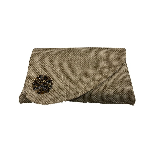 Womens Beaded Maasai Fabric and Jute Clutch Purse Light Brown Large