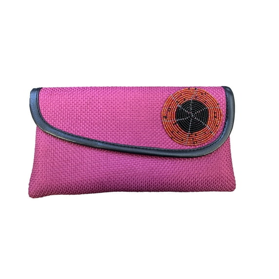 Womens Beaded Maasai Fabric and Jute Clutch Purse Pink Large