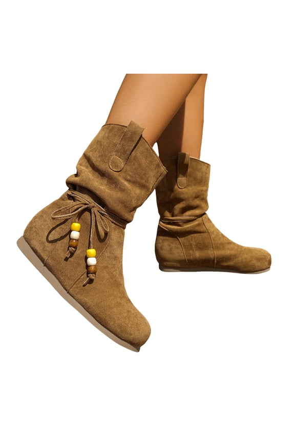 Womens Beaded Suede Slouchy Mid Calf Boots Comfortable Flat Slip On Wide Calf Non Slip Cowboy Booties
