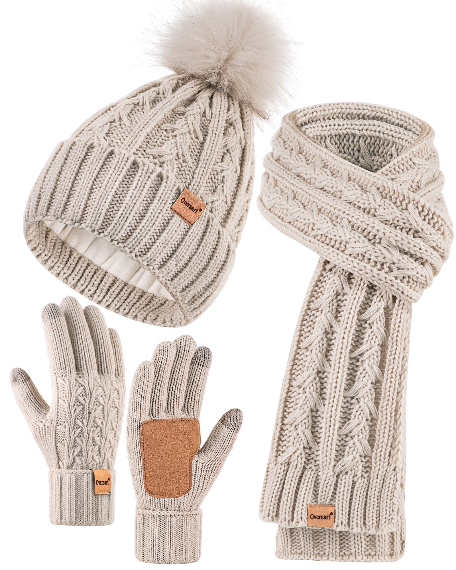 Winter Beanie Scarf Gloves Set, Fleece Lined Pom Pom Hat, Touchscreen Gloves Winter Hat And Scarf Gloves Set For Women, Womens Warm Knit  main image 3