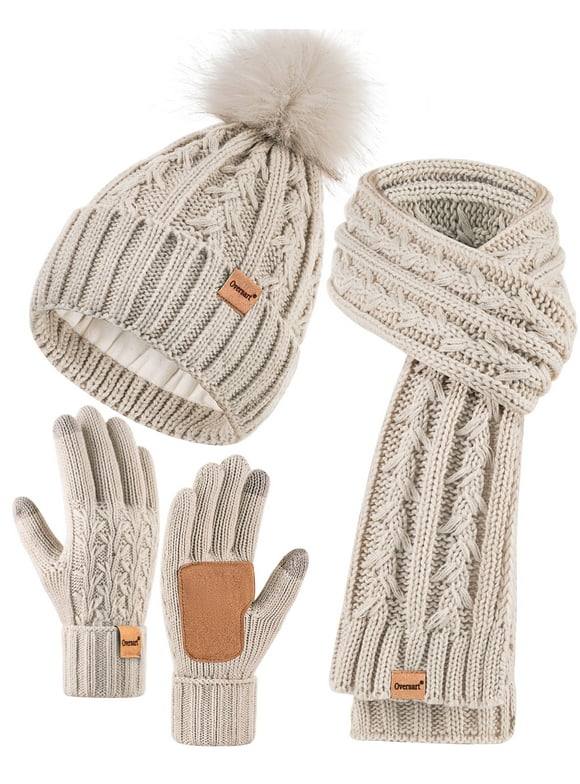 Womens Beanie Hat Scarf Gloves Set, Fleece Lined Winter Hat with Pom Pom, Long Knit Scarf Touchscreen Gloves for Cold Weather