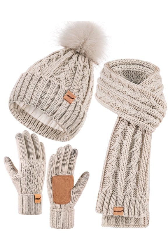 Womens Beanie Hat Scarf Gloves Set, Fleece Lined Winter Hat with Pom Pom, Long Knit Scarf Touchscreen Gloves for Cold Weather