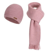 AKOEE Womens Beanie Scarf Set, Colorful Ribbed Knit Cuffed Winter Hat Beanies with Long Scarf for Women Cold Weather (One Size, Pink 03)
