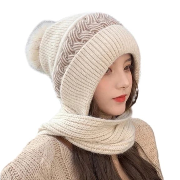 Womens Beanie Winter Hat Scarf All in One Beanie Hats with Pompom,Warm Knit Hat,Ear Protection Windproof Cap Scarf Beige One Size