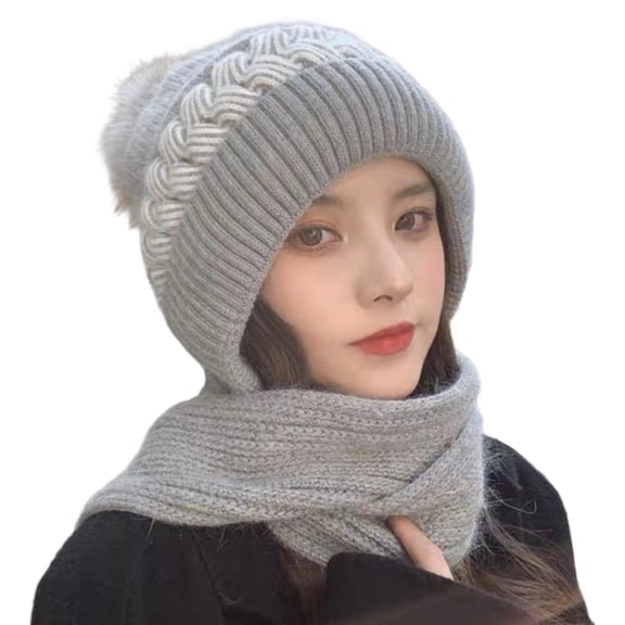 Womens Beanie Winter Hat Scarf All in One Beanie Hats with Pompom,Warm Knit Hat,Ear Protection Windproof Cap Scarf Gray One Size
