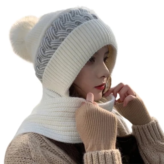 Womens Beanie Winter Hat Scarf All in One Beanie Hats with Pompom,Warm Knit Hat,Ear Protection Windproof Cap Scarf White One Size