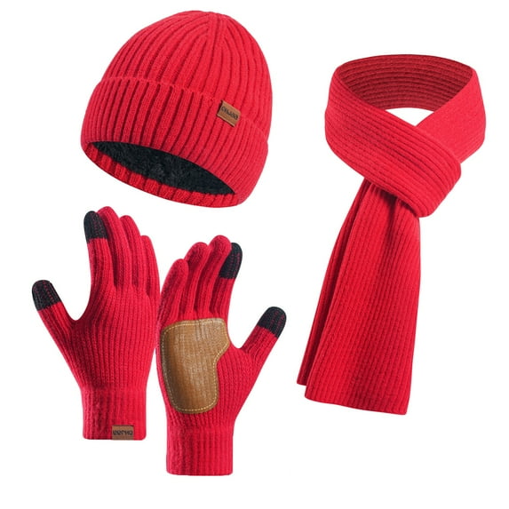 Womens Beanie Winter Hats 3 in 1 Knit Warm Hat Gloves and Scarf Set Women Scarves for Cold Weathe,Christmas Gifts for Lover(One Size,Red)