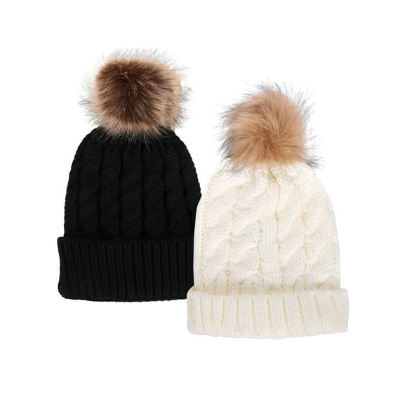 Womens Beanie Winter Warm Pompom Knitted Beanie Hat 2 Pcs