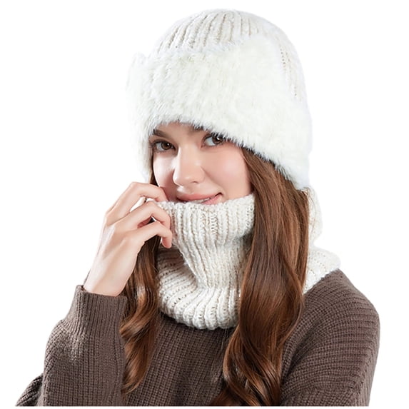 Womens Beanie and Scarf Set Colored Rib Knit Cuffed Faux Fur Hat Neck Warmer Winter Caps Windproof Gifts for Women (One Size, Beige)