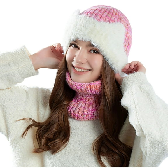 Womens Beanie and Scarf Set Colored Rib Knit Cuffed Faux Fur Hat Neck Warmer Winter Caps Windproof Gifts for Women (One Size, Hot Pink)