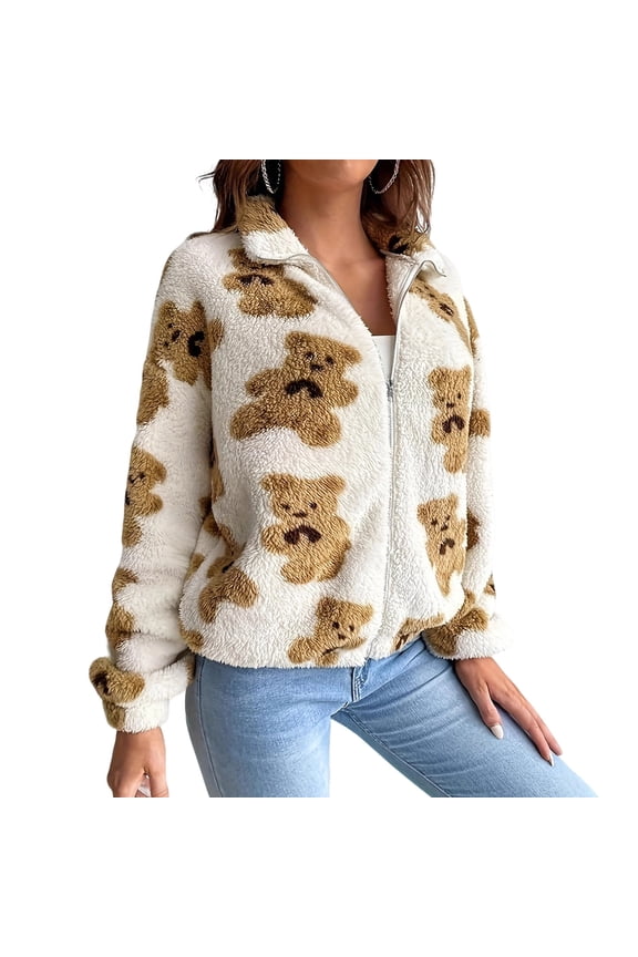 Womens Bear Print Winter Coat Warm Zip Up Hooded Sweatshirt Jacket Soft Fleece Blanket with Pocket White L