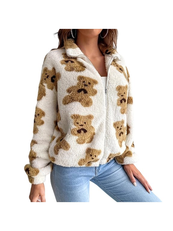 Womens Bear Print Winter Coat Warm Zip Up Hooded Sweatshirt Jacket Soft Fleece Blanket with Pocket White M