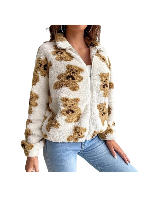 Womens Bear Print Winter Coat Warm Zip Up Hooded Sweatshirt Jacket Soft Fleece Blanket with Pocket White S