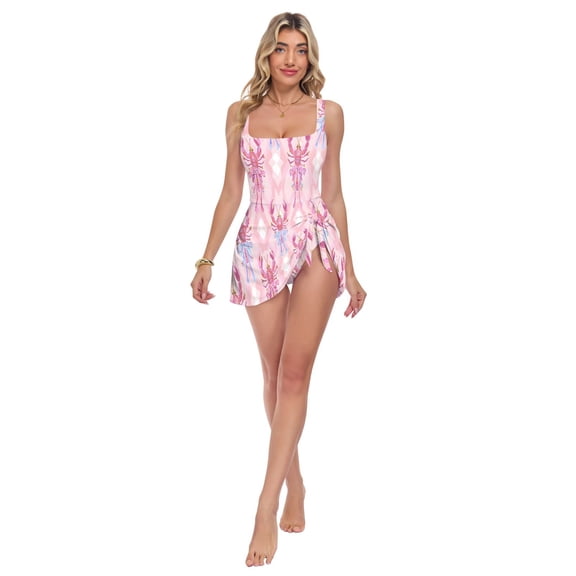 Womens Beautiful Lobster Pattern Print 2-in-1 Swim Dress Detachable Skirt One-Piece Swimsuit Square Neck S-XXL