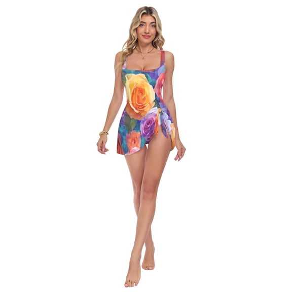 Womens Beautiful Rose Pattern Print 2-in-1 Swim Dress Detachable Skirt One-Piece Swimsuit Square Neck S-XXL