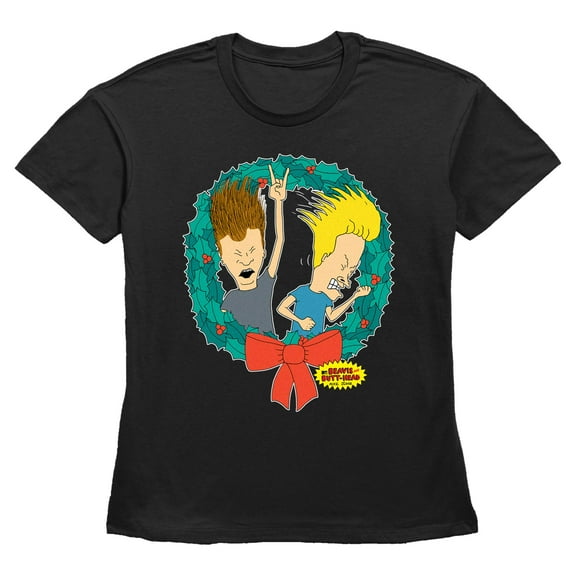 Womens Beavis and Butt-Head Rock and Roll Christmas Wreath T Shirt