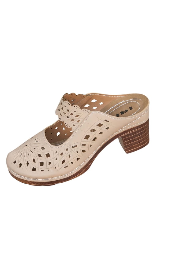 Womens Beige Block Heel Mule Sandals, Breathable Cut-Out Summer Slide Sandals, Casual Comfortable Slip-On Shoes,Size 9.5