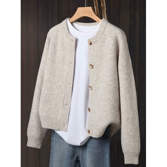 Womens Beige Cardigan, Soft Long Sleeve Sweater Jacket, Front Button