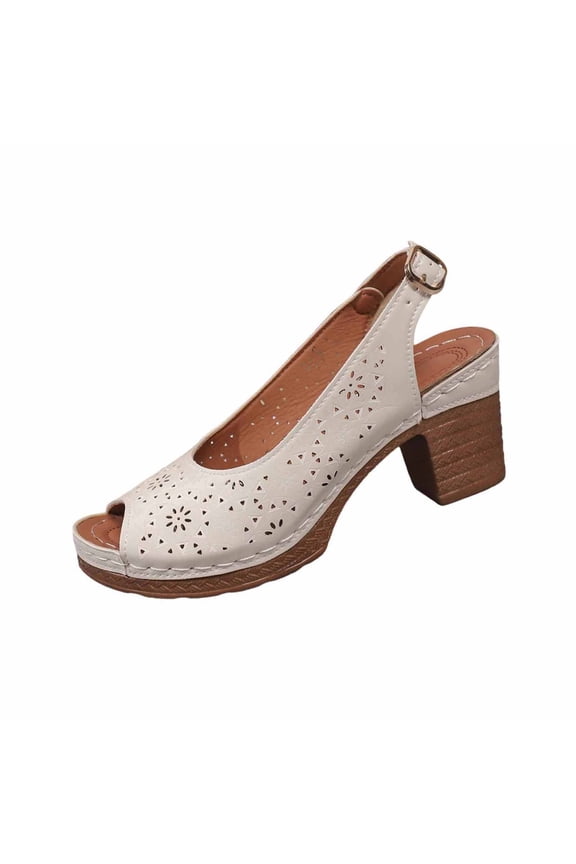 Womens Beige Peep Toe Slingback Heels, Block Heel Sandals with Cut-Out Design for Wedding Office Summer,Size 9