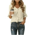 thumbnail image 1 of Womens Beige Ruffle V-Neck Blouse 3/4 Flutter Sleeve Relaxed Fit Comfy Top for Everyday & Office, Lightweight Wrinkle Resistant Polyester,Size S, 1 of 9