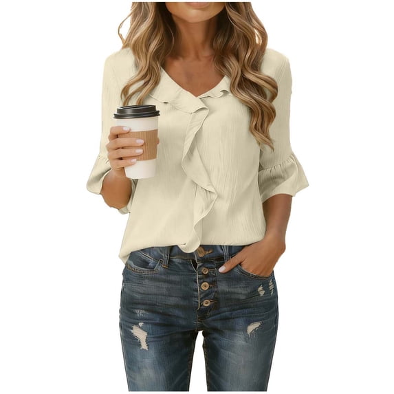 Womens Beige Ruffle V-Neck Blouse 3/4 Flutter Sleeve Relaxed Fit Comfy Top for Everyday & Office, Lightweight Wrinkle Resistant Polyester,Size S