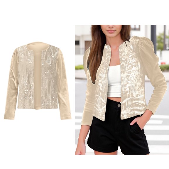 Womens Beige Sequin Jacket Women Long Sleeve Casual Sequin Cardigan Sequin Jackets for Women